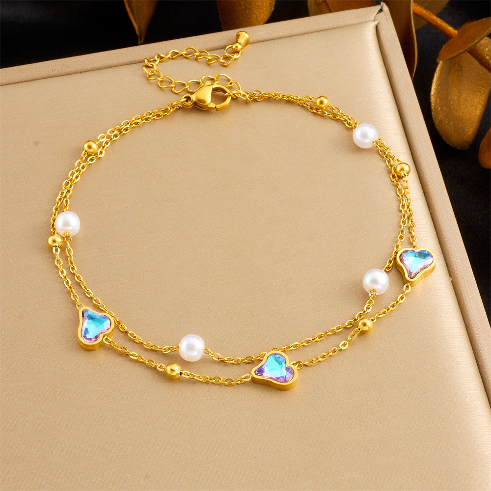 Fashion Beach Style Versatile Simple Colorful Geometric Glass Rhinestone Butterfly Love Accessories Chain Anklet
