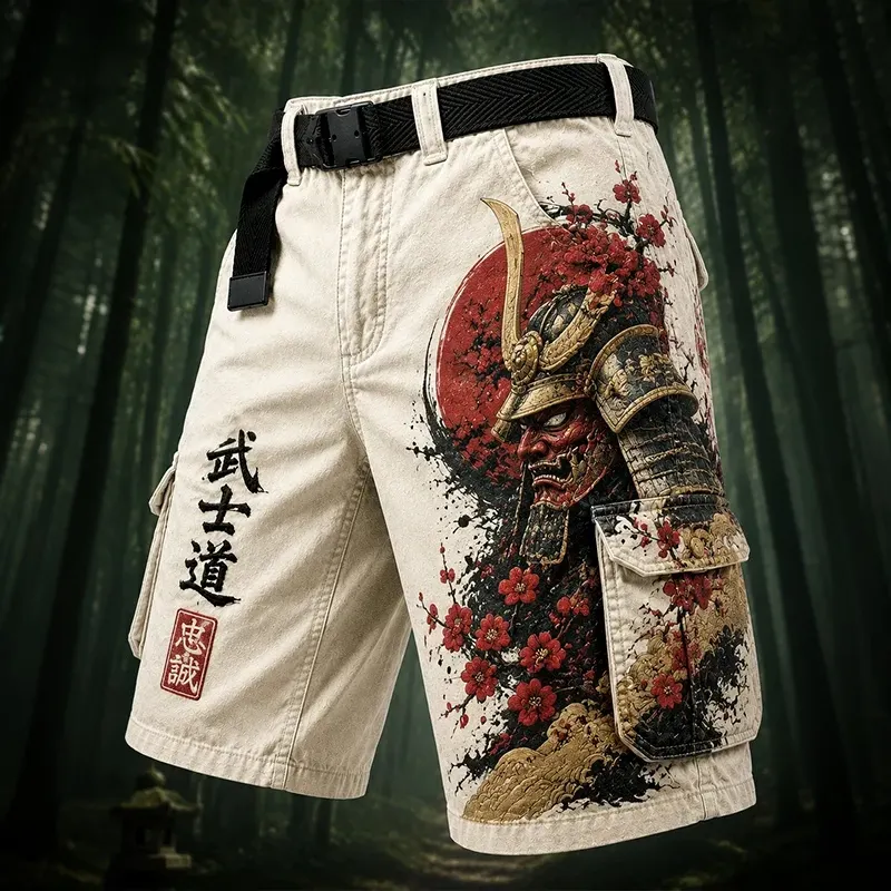 Men's Japanese Samurai And Cherry Blossom Art Print Casual Shorts  artssus