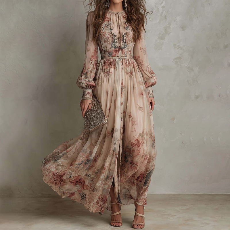 Women's Retro Chiffon Printed Pleated Waist Floral Dress elevenforest