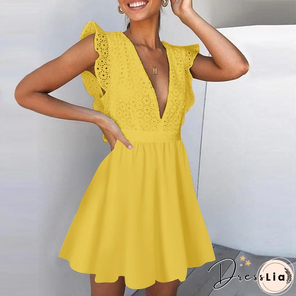 Summer Women Sleeveless Tank Dress Lace Stitching V-neck Ruffle Party Casual Solid Mini Dress Vestidos