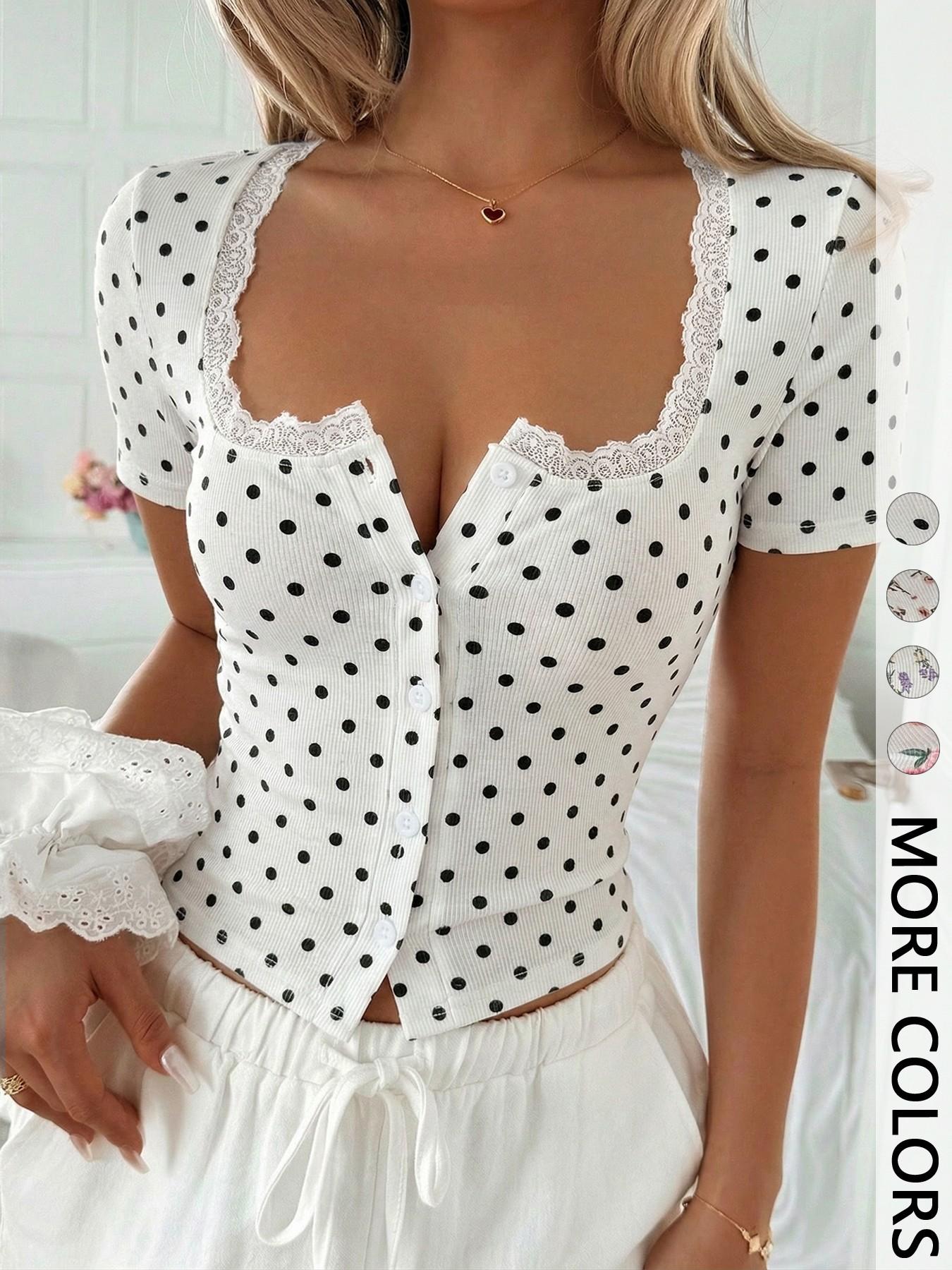 Sweetheart Neck Lace-Trim Short-Sleeve Floral Print Fitted Crop Top, Y2K Casual Aesthetic Cute Style for Daily Wear, Womenswear