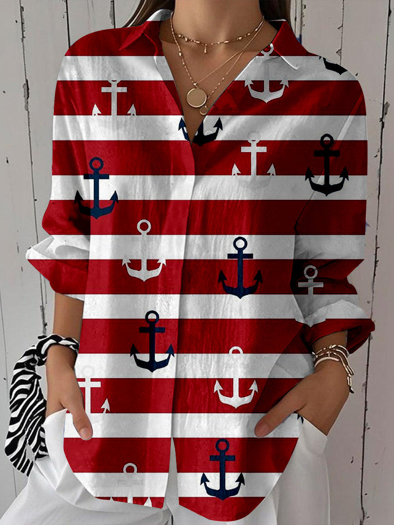 Women 3/4 Sleeve Shirt Collar National Flag Striped Printed Graphic Button Tops