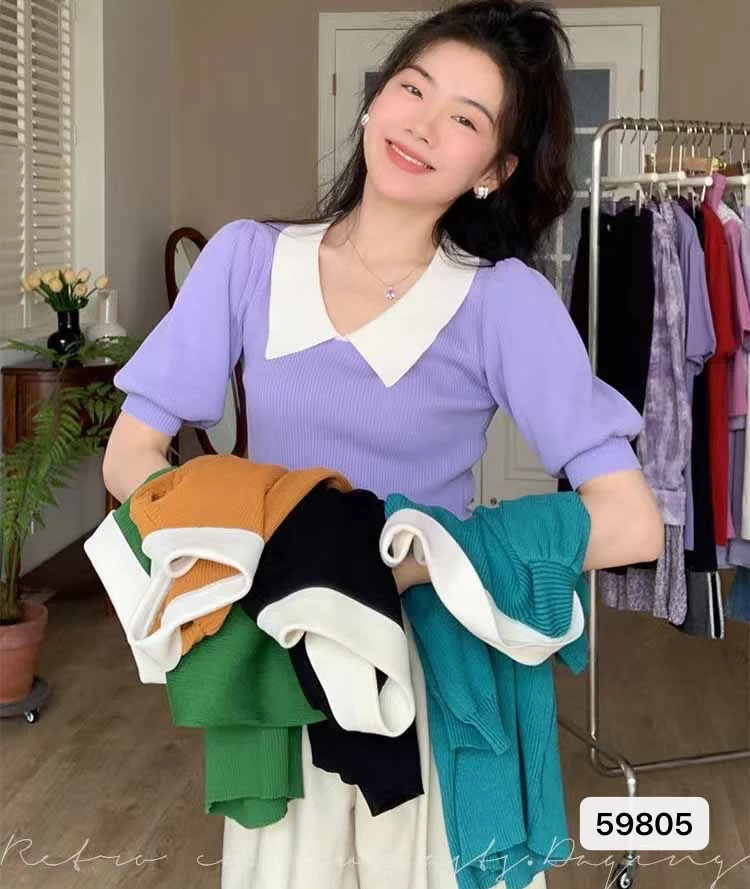 Uveng Uveng Retro Bubble Sleeve Knitted T-Shirt Women Design Small Short Top Summer New Ice T-Shirt Tide