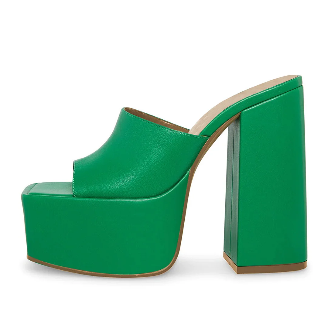 Vegan Leather Square Toe Wide Band Platform Block Heel Mules in Green