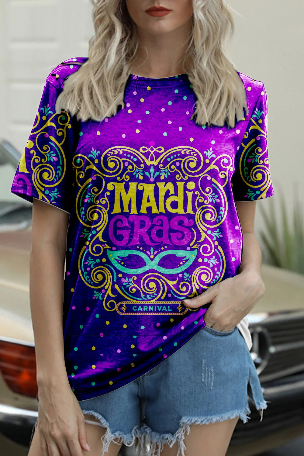 MArdi GRAS Mask Floral Font Purple Round Neck Short Sleeve T-shirt