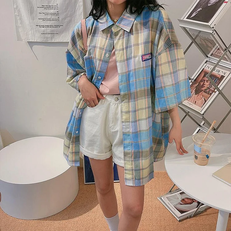Korean Fashion Retro Plaid Shirt TK075