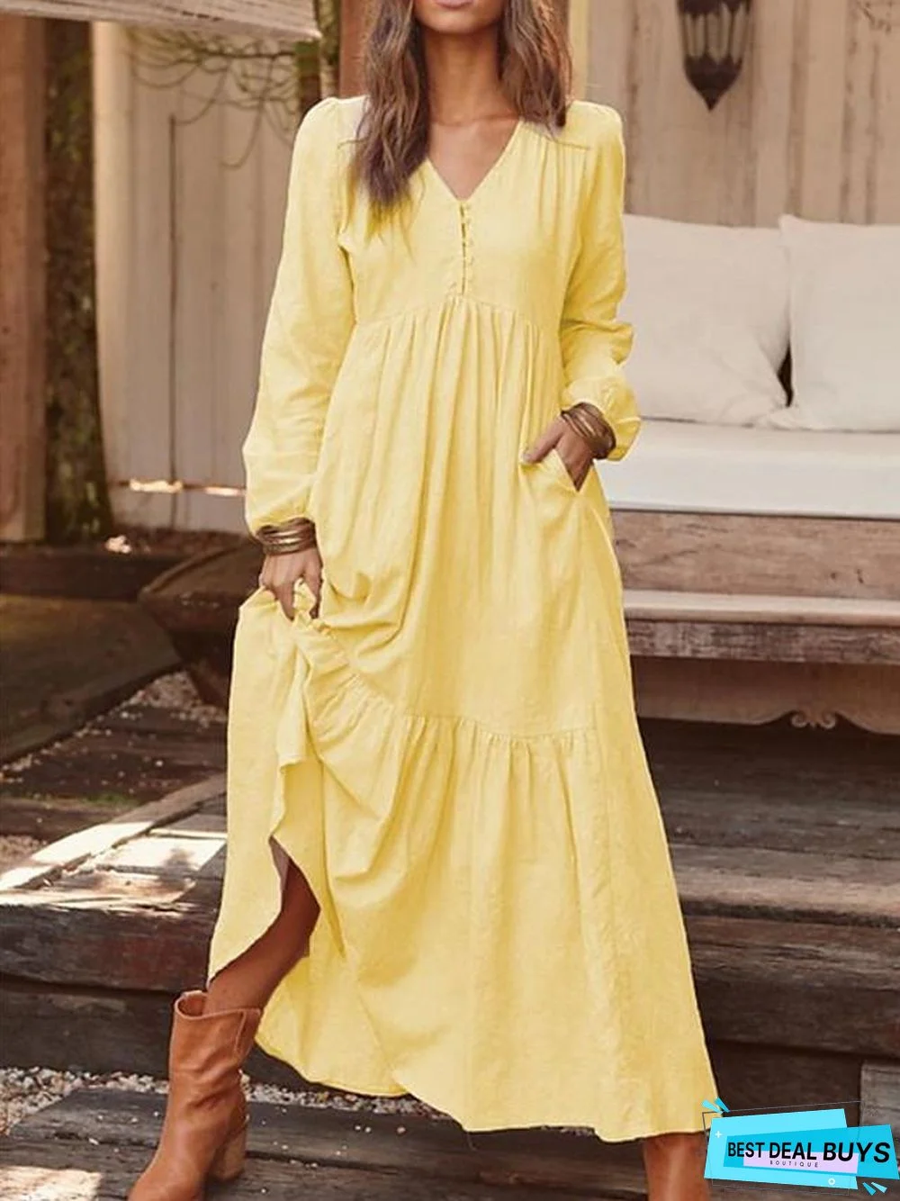 Women's Shift Dress Maxi Long Dress Long Sleeve Solid Color Hot Yellow Royal Blue Light Gray Brown Light Blue