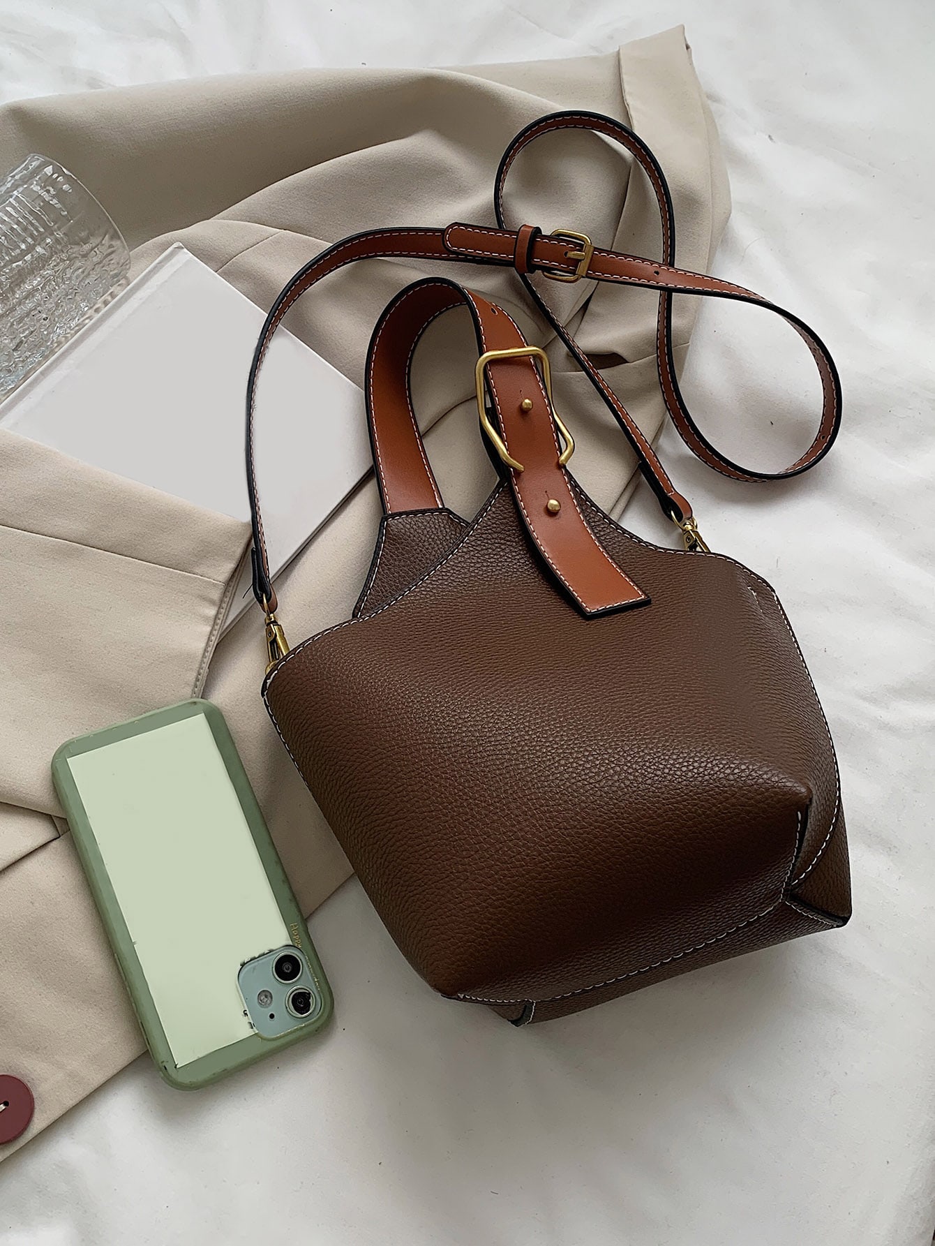 Mini pebbled embossed bucket bag