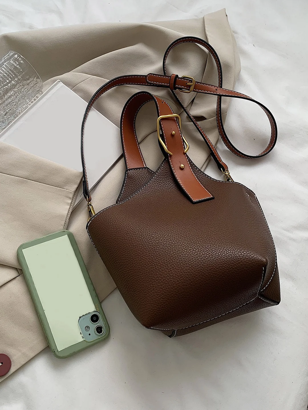 Mini pebbled embossed bucket bag