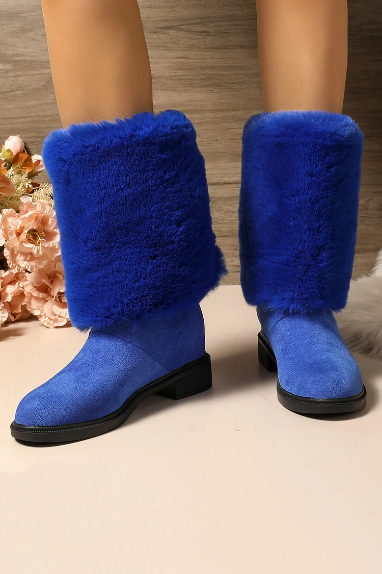 Daily Orange Plain Faux Fur Foldover Round Toe Block Heel Mid Calf Boots 2024 - Xpluswear