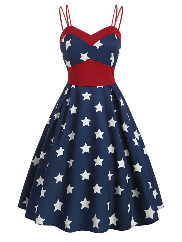 Navy 1950s Stars Spaghetti Strap Dress