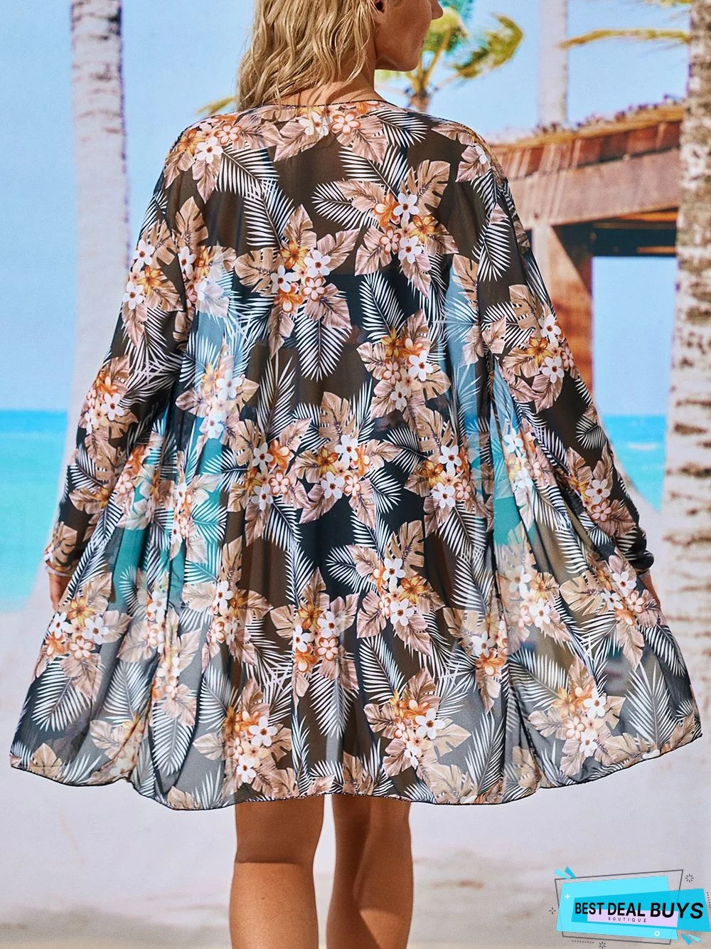 Elegant Plants Printing Scoop Neck Bikinis set Three-Piece Set