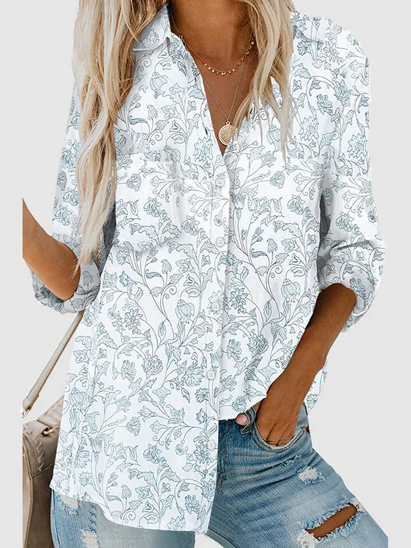 High-Low Long Sleeves Buttoned Flower Print Pockets Lapel Blouses&Shirts Tops