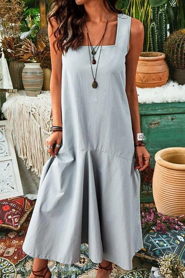 Womens Bohemian Sling Solid Color Dress-Allyzone-Allyzone