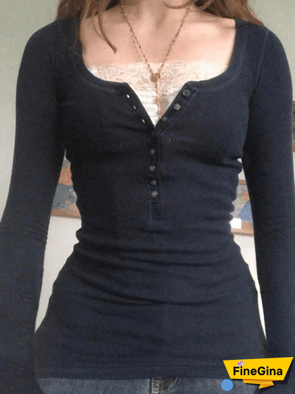 Patchwork Lace Buttoned Long Sleeve Tee