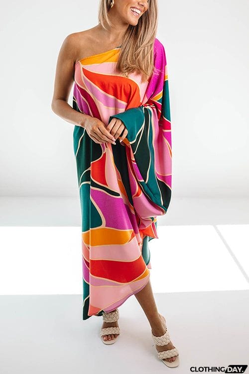 Multi Print Asymmetrical One Shoulder Dress