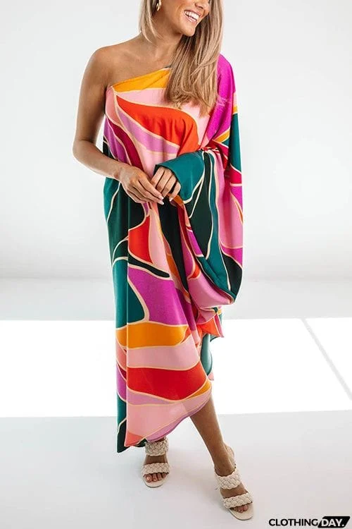 Multi Print Asymmetrical One Shoulder Dress