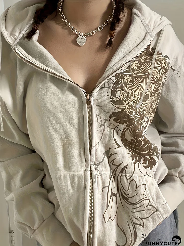 Cream Zip-Up Hoodie with Floral Print