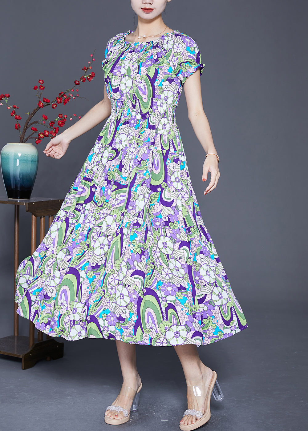 VCSHOES Purple Elastic Waist Print Cotton Beach Dress Summer
