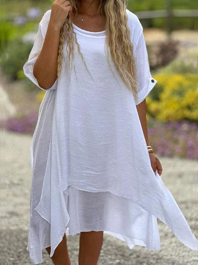 Women'S Casual Solid Color Round Neck Mid Sleeve Splicing Dress