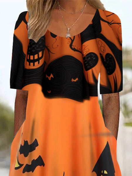 Women's Half Sleeve Scoop Neck Graphic Halloween Pockets Midi Dress