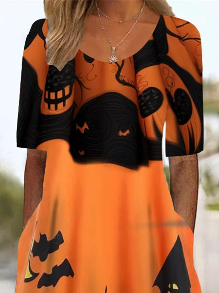 Women's Half Sleeve Scoop Neck Graphic Halloween Pockets Midi Dress