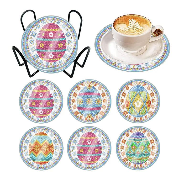 6 Pcs Easter Egg Washable Special Shape Diamond Painting Coaster Kit with Holder