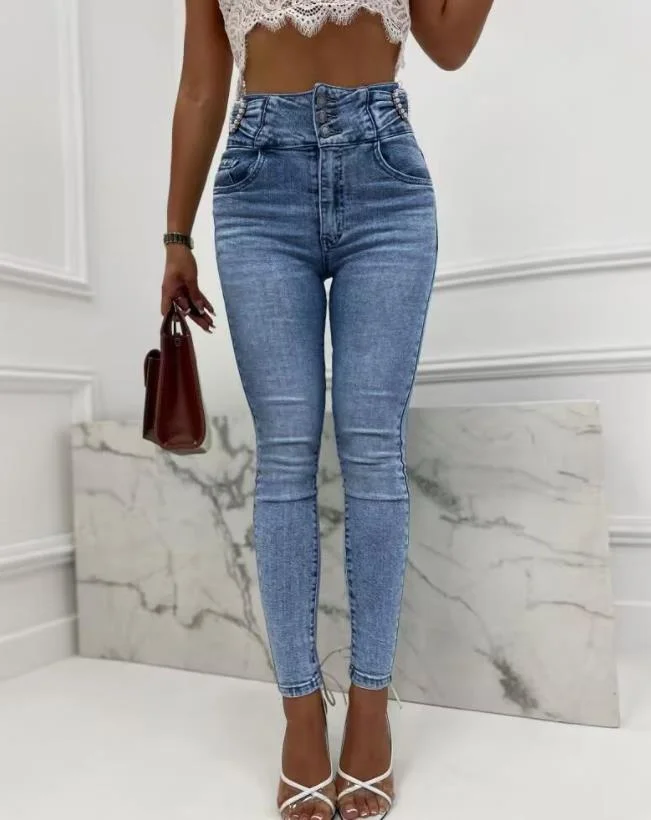 Colourp Women's High Waist Skinny Jeans Slight Stretch Summer Daily Fashion New Plain Pearls Decor Buttoned Denim Pants Female