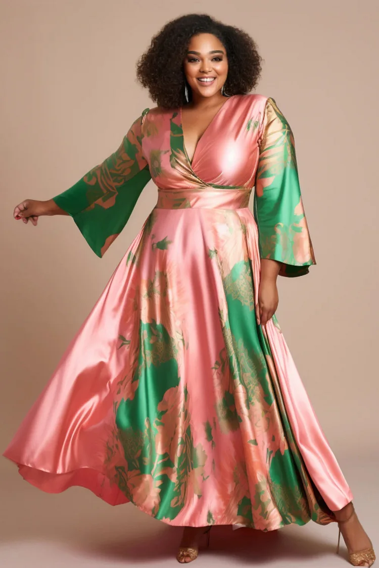 Xpluswear Design Plus Size Vacation Elegant Pink Colorblock Flare Long Sleeve Satin Maxi Dresses 