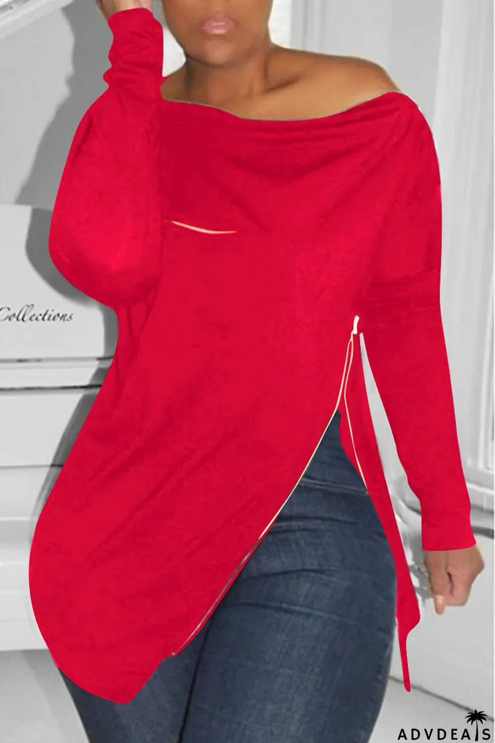 Burgundy Casual Solid Split Joint Asymmetrical Zipper Zipper Collar Tops