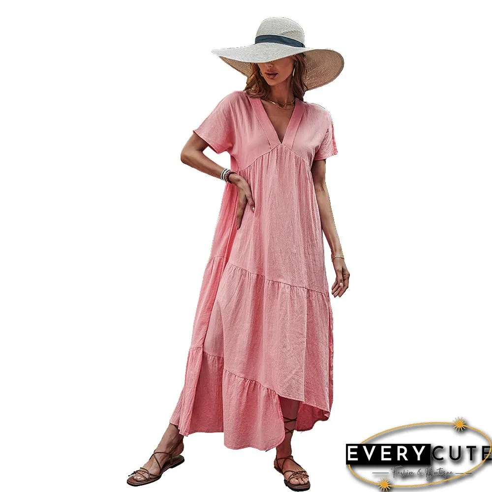 Elegant V-Neck Loose Solid Cotton A-Line Dress For Women Summer New