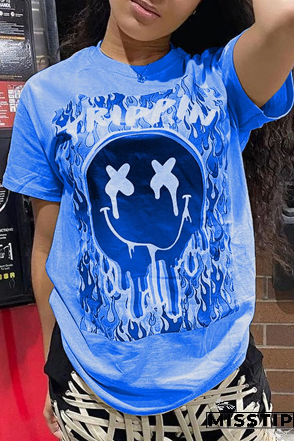 Blue Fashion Casual Print Basic O Neck T-Shirts