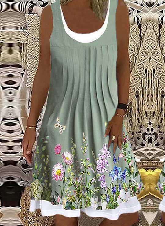 Women Fashion Loose Casual sleeveless Floral print Round neck Dress