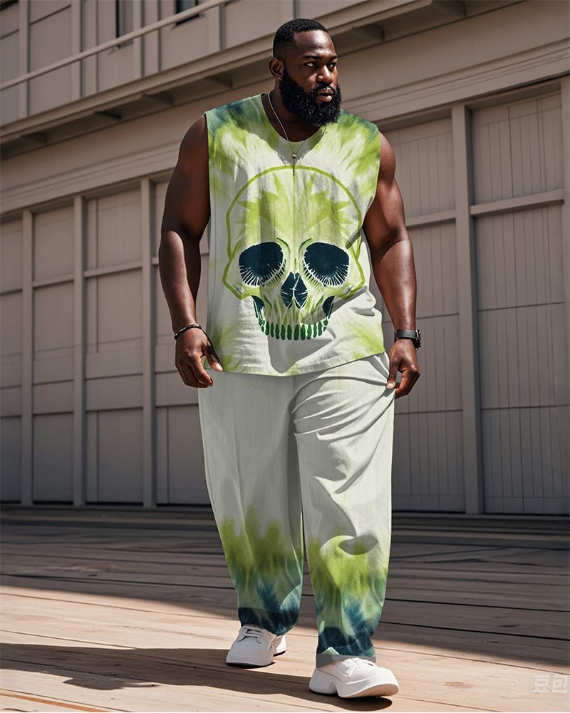 Men's Plus Size Street Fashion Green Tie-dye Skull Print Vest Trousers Suit