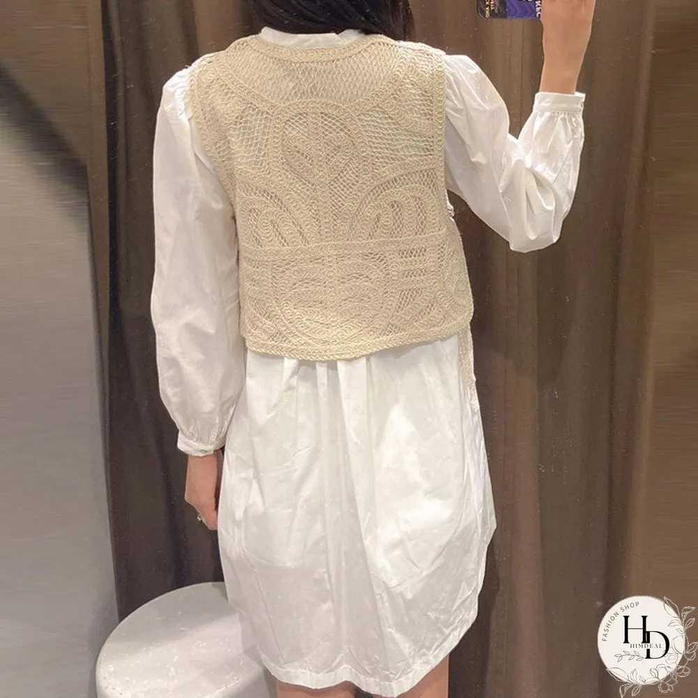 Summer New Women Fake Two Knit Patchwork Shirt Mini Dress Sexy V-Neck Long Sleeve Casual