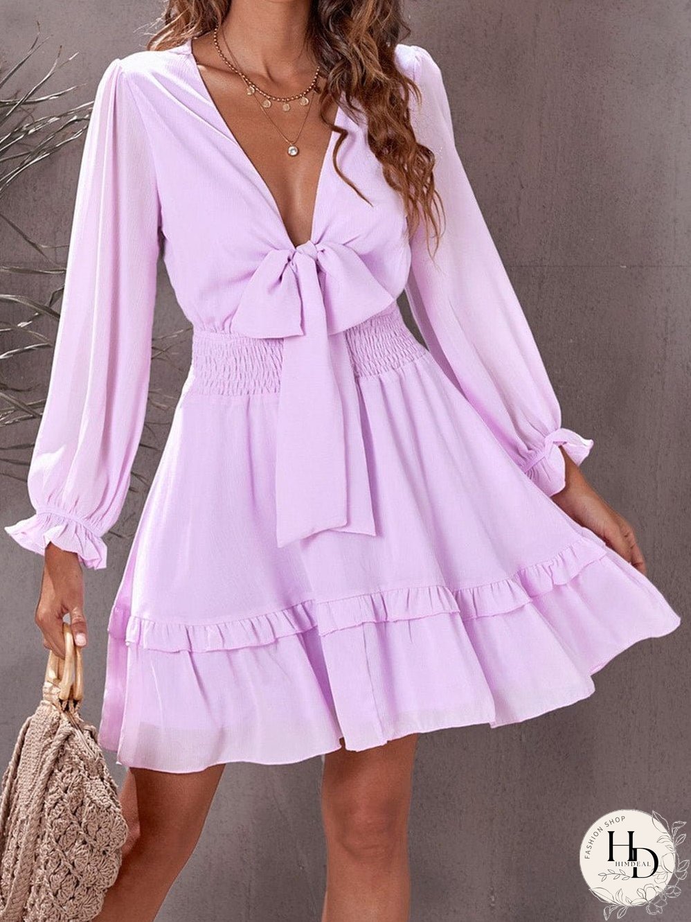 Lantern Sleeve Knotted Tiered Mini Dress with Deep V Neck