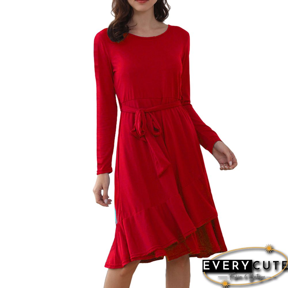 Red Ruffled Hem Tie Waist Long Sleeve Casual Dress