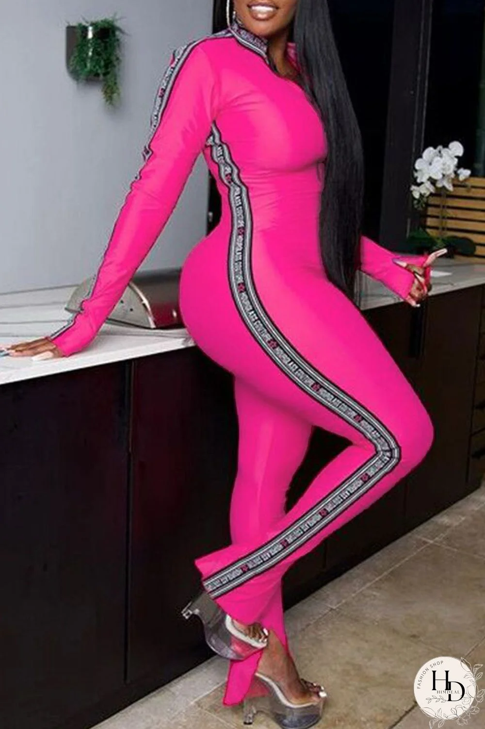 Rose Red Fashion Casual Print Split Joint Zipper Collar Skinny Jumpsuits