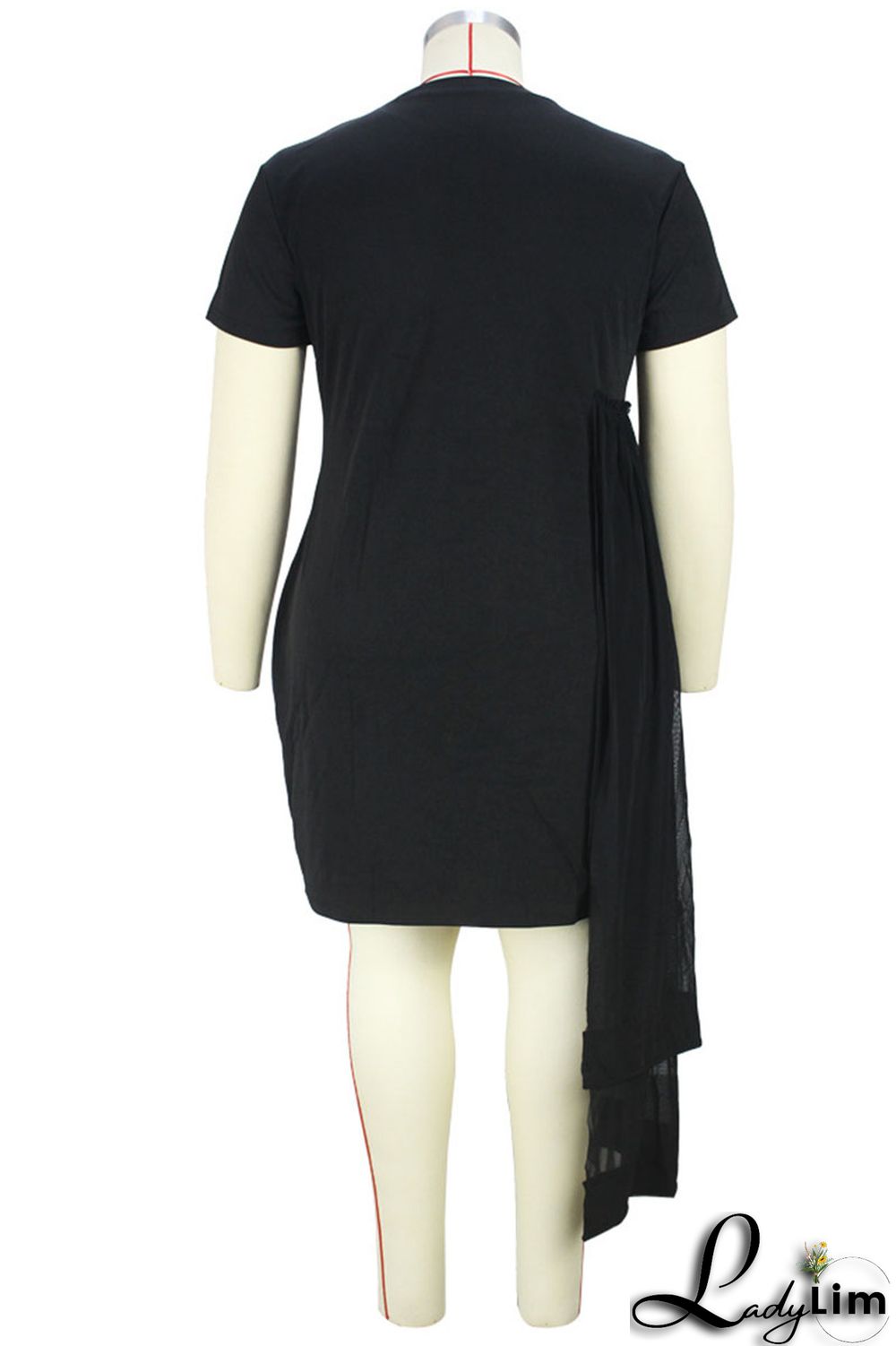 Black Solid Patchwork O Neck One Step Skirt Plus Size Dresses