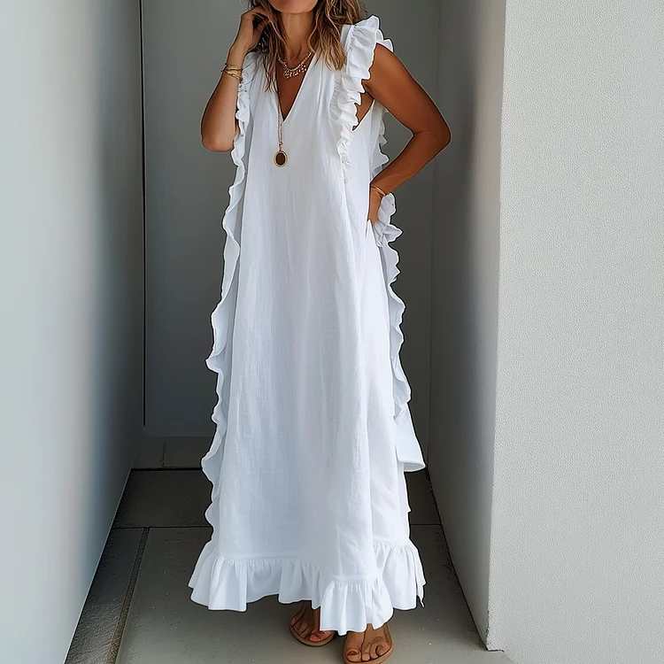Ursime Cotton And Linen Solid Ruffle V Neck Maxi Dress