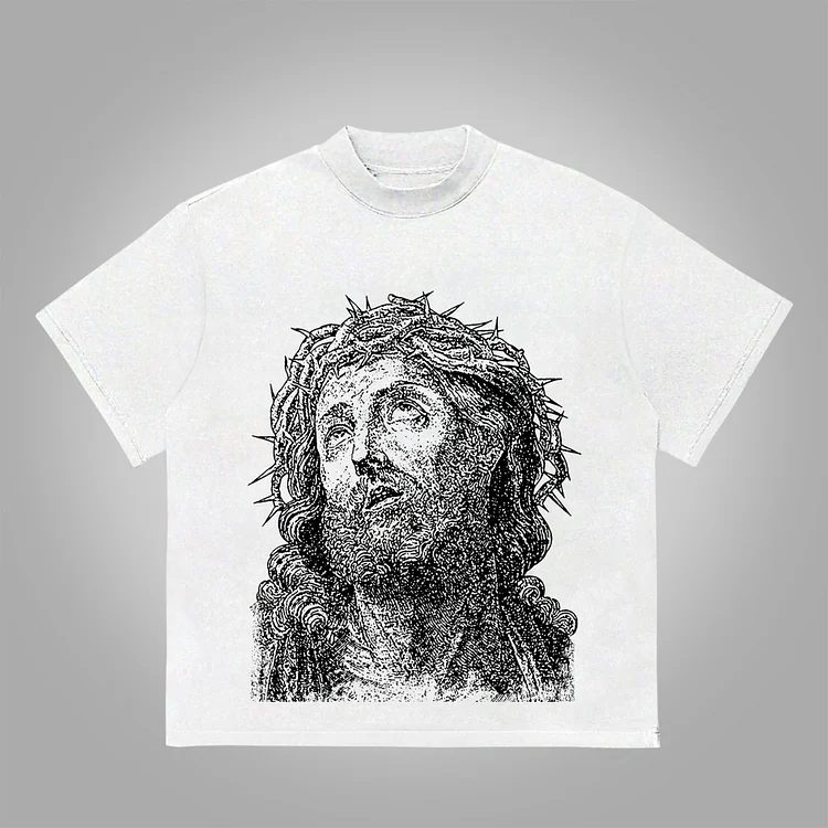 Vintage Jesus Portrait Graphic Print Cotton T-Shirt