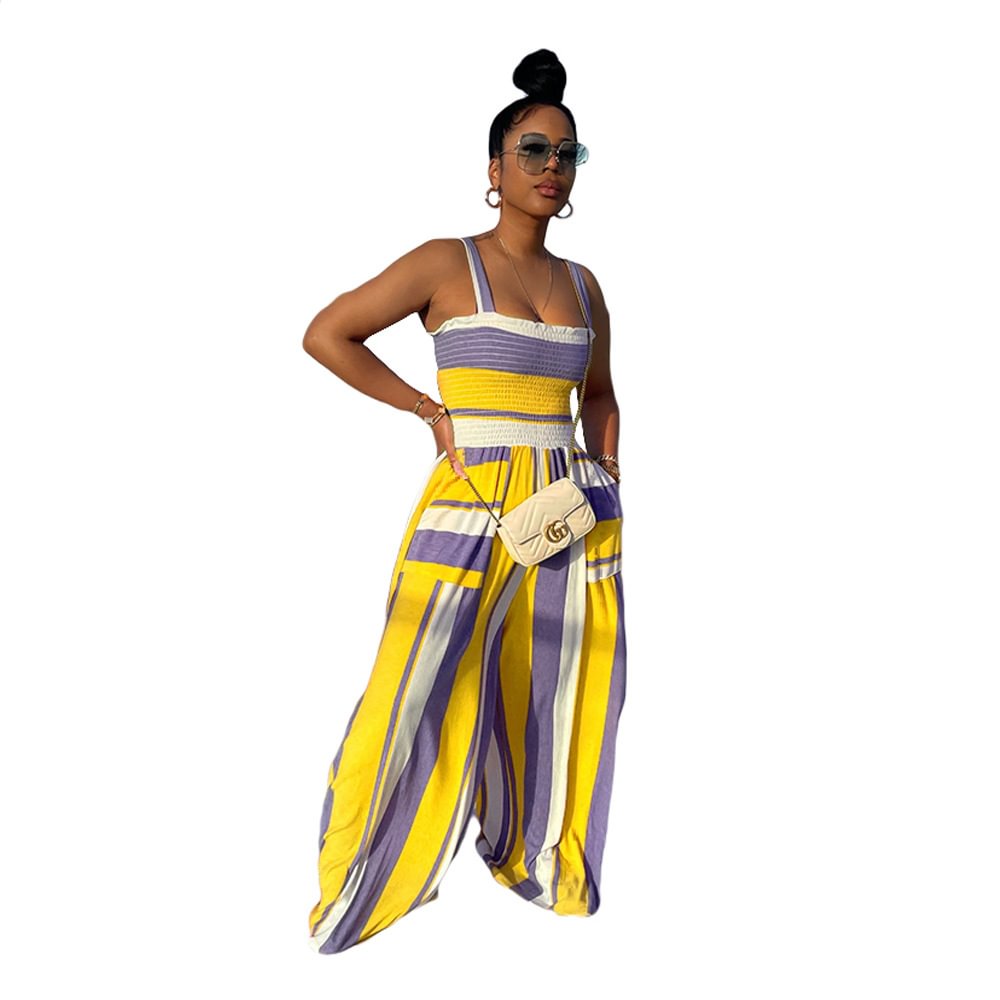 Women's Printed Pocket Waist Wide Leg Jumpsuit Bottoms
