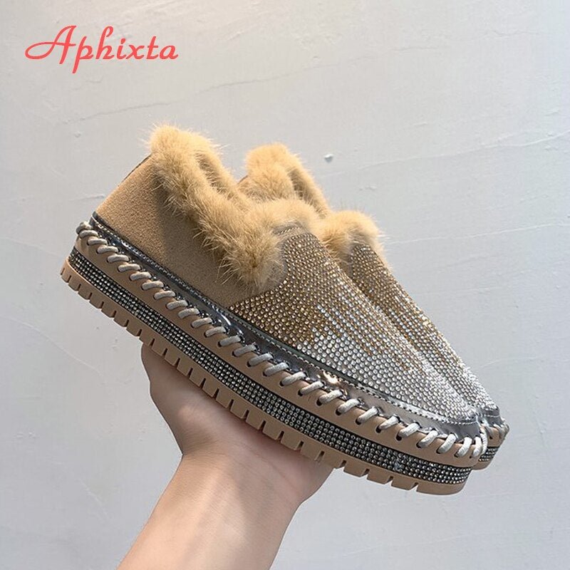 Aphixta Luxury Crystals Winter Warm Fur Women's Flats Real Hair Shoes Loafers Shoes Musical Bling Furry 3cm Platform Moccasins