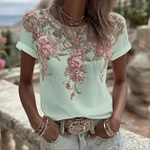 Women's Vintage Pink Rose Embroidery Art Round Neck Short Sleeve Linen Blend T-shirt - Image 5
