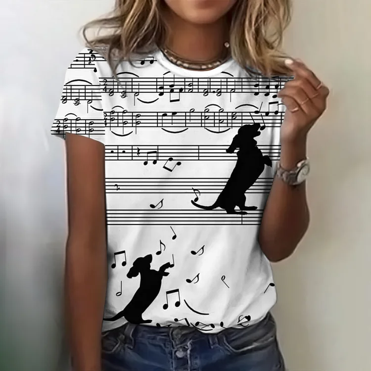 Musical Dog Print Women'S Round Neck T-Shirt