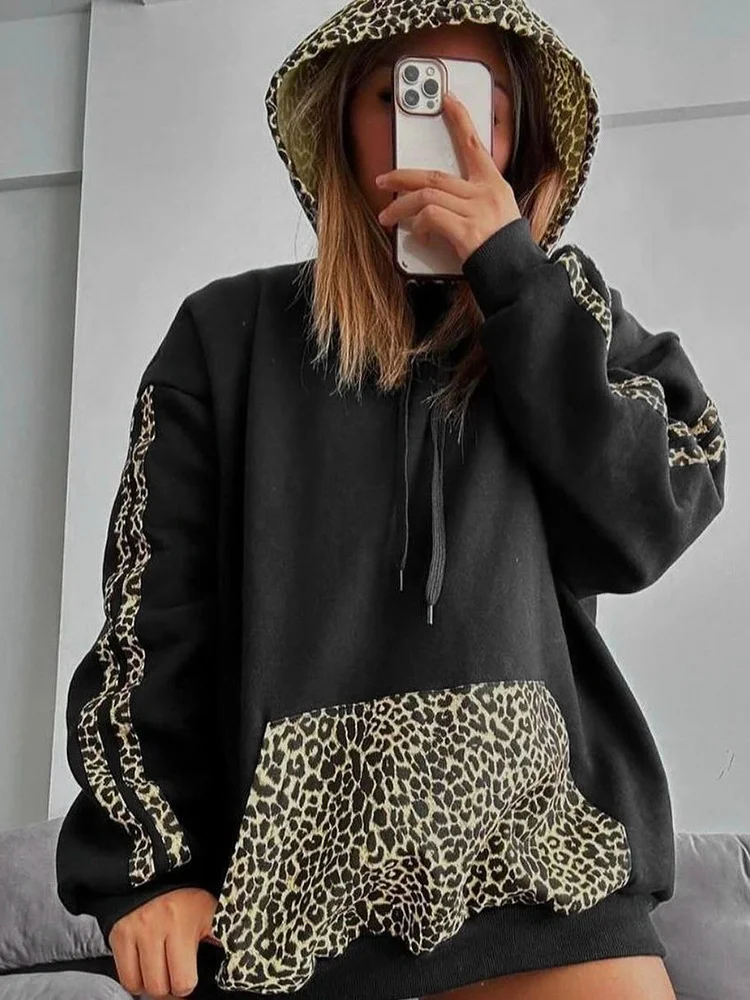 Uveng Uveng Has F24TP161 Women's Autumn And Winter New Leopard Splicing Drawstring Pocket Loose Casual Hooded Jacket