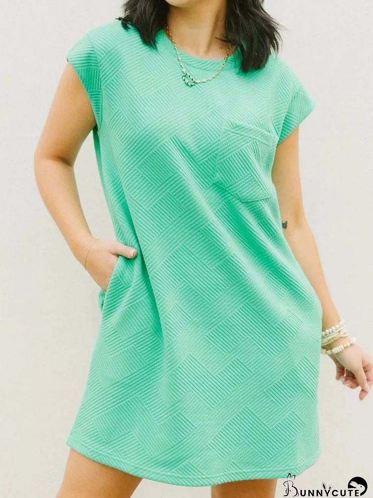 Mint Green Textured Cap Sleeve Shift Dress with Pocket
