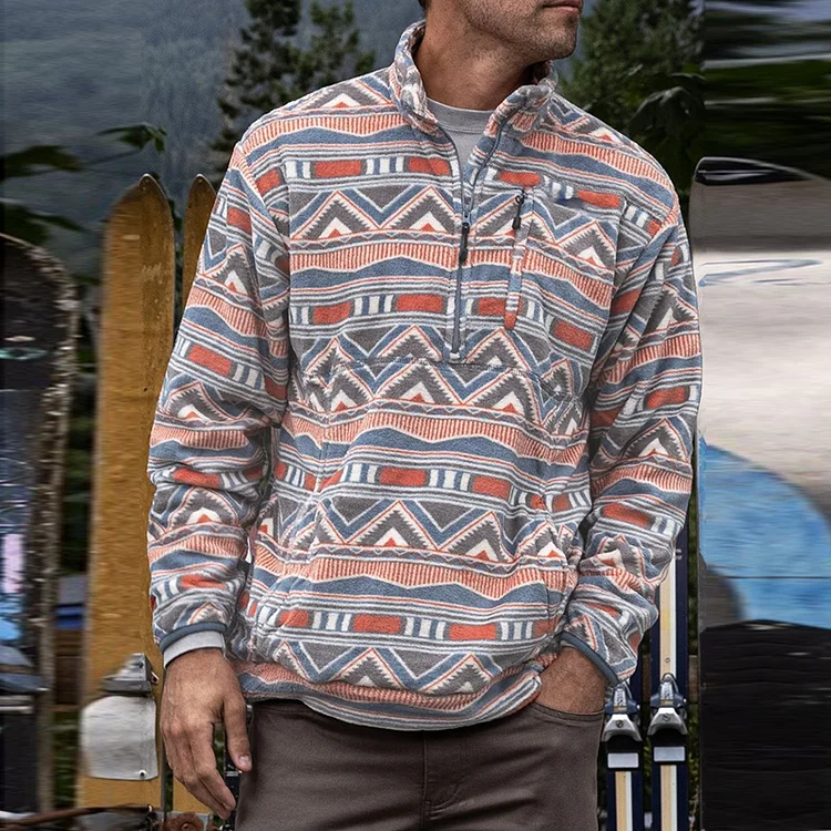 Zip Up Collar Tribal Print Sweatshirt
