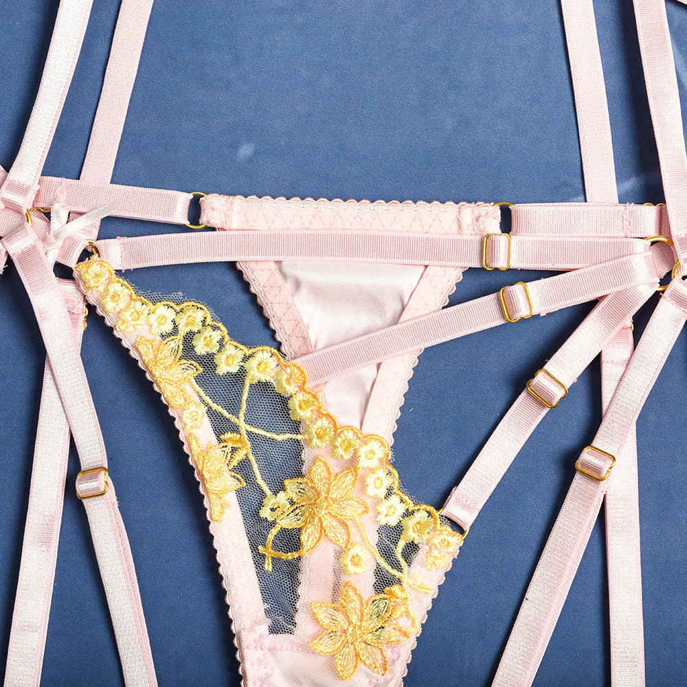 Billionm Sexy Lingerie Women Panties Bra Set Lace Hollow Out Underwear Pink Bandage Nightwear Erotic Porn Satin Lingerie Set Embroidery