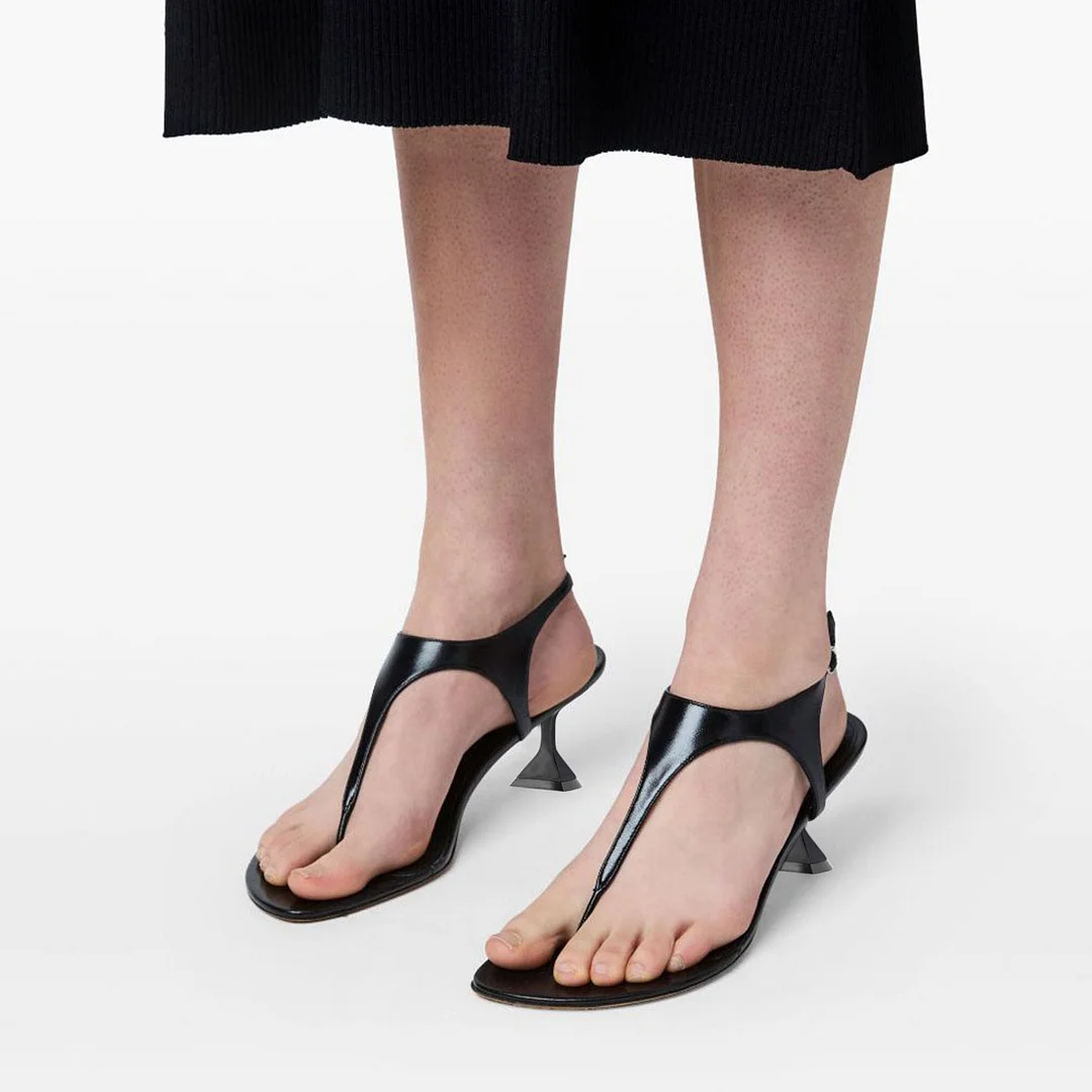 Simple Vegan Leather Open Toe Black Heels Sandals with T-Strap